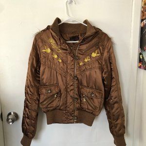 Y2K Playboy Bomber Jacket with Detachable Fur Hood